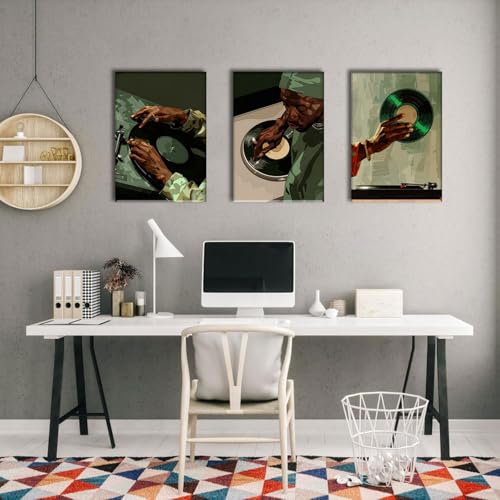 AOYUSMO 3 Piece African American Wall Art Black Men Wall Decor Record Canvas Art Fashion Music Pictures Music Studio Paintings Modern Trendy Artwork For Living Room Bedroom - color: Record Green, size: 12x16in