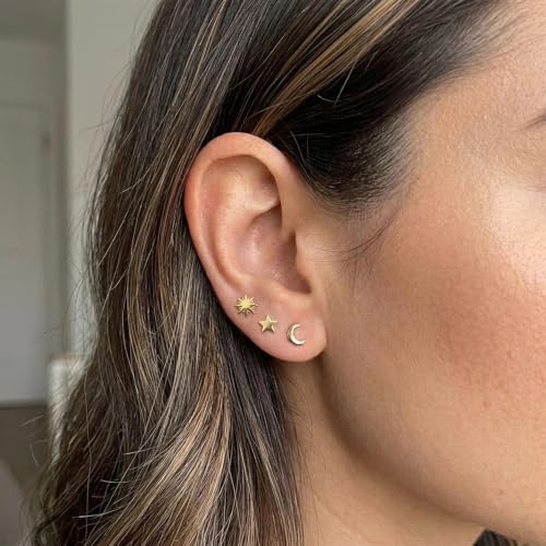 ToHeart 3 Pairs 14K Gold Plated Tiny Stud Earrings Set Gift for Women Men - color: Moon Star Sun - Gold