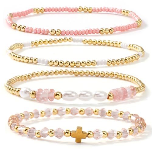 Gold Beaded Bracelets Stack for Women Stackable 14K Gold Plated Beads Ball Cross Bracelet Boho Christian Jewelry Faith Friendship Birthday Gifts for Women - color: Pink Crystal
