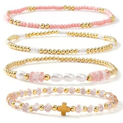 Gold Beaded Bracelets Stack for Women Stackable 14K Gold Plated Beads Ball Cross Bracelet Boho Christian Jewelry Faith Friendship Birthday Gifts for Women - color: Pink Crystal