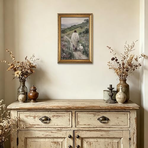 Gold Framed Jesus Shepherd Wall Art Jesus Leaves the 99 Sheep 16x24in - color: Gold Framed-06, size: 24"L x 16"W