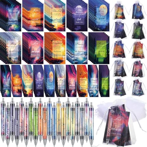 200 Pcs Christian Gift for Women Christian Accessories Include 50 Bible Verses Notebook 50 Church Bookmark 50 Ballpoint Pen Organza Bag Gift for Christmas Church Motivational (Landscape) - style: Landscape