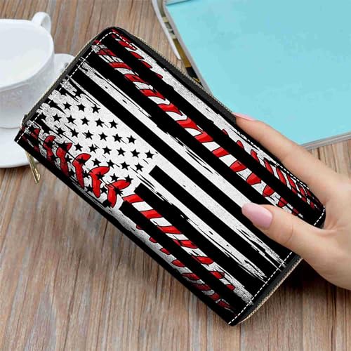American Flag Baseball Background Print Wallet for Women Large Capacity Wallet Credit Card Holder PU Leather Zipper Clutch Purse Phone Wallet - color: American Flag Baseball Background