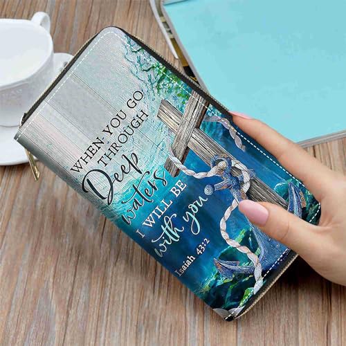 Cross and Anchor Quote Bible Verse Isaiah 43:2 Print Wallet for Women Large Capacity Wallet Credit Card Holder PU Leather Zipper Clutch Purse Phone Wallet - color: Cross and Anchor Quote Bible Verse Isaiah 43:2