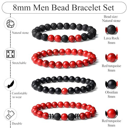 Mens Beaded Bracelets, 8MM Beaded Bracelets for Men, Natural Tiger Eye Bead Bracelet, Stretch Elastic Beads Bracelets for Men - color: 4 black red turquoise volcanic