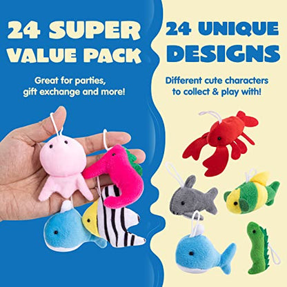 JOYIN 24 Pcs Mini Sea Animal Plush Toys (24 Units 2"-3"), Stuffed Sea Animal Bulk for Kids Birthday Party Favors, Pinata Fillers, Goodie Bag Fillers, School Prizes,Carnival Party Supplies - style: Sea Animals