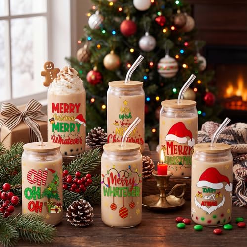SiliFine 6 Pcs Christmas Glass Cups with Lid and Glass Straw 16 oz Holiday Iced Coffee Cup Xmas Can Shaped Beer Water Glasses Tumbler Christmas Appreciation Gifts for Xmas Party Favors - style: Santa