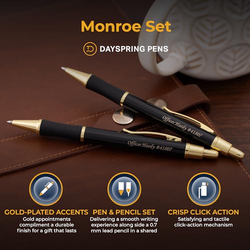 Dayspring Pens Monroe Personalized Pen and Pencil, Black Lacquer, Gold Trim