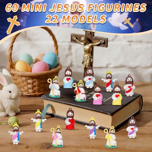 Little Jesus Figures to Symbolize Jesus Loves You, 60 Pcs Mini Jesus Figurines in Bulk for Hide and Seek Religious Party Favors Sunday School Baptism Gifts - color: Jesus Blue
