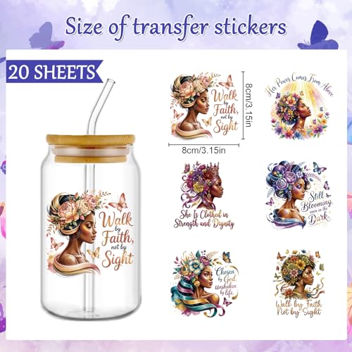 Rngmsi UV DTF Cup Wrap - 20 Pcs Motivational Black Women UV DTF Stickers, Inspirational Affirmation Prayer Themed Waterproof UVDTF Transfer Decals for 16 oz Glass Cups Mug DIY Crafts - style: Motivational Black Women