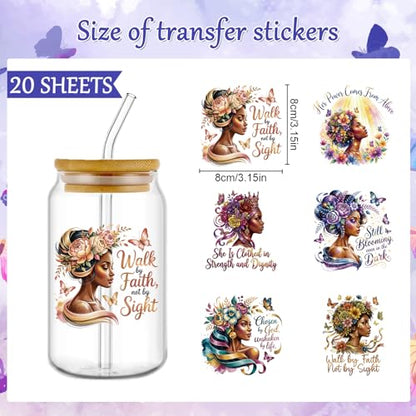 Rngmsi UV DTF Cup Wrap - 20 Pcs Motivational Black Women UV DTF Stickers, Inspirational Affirmation Prayer Themed Waterproof UVDTF Transfer Decals for 16 oz Glass Cups Mug DIY Crafts - style: Motivational Black Women