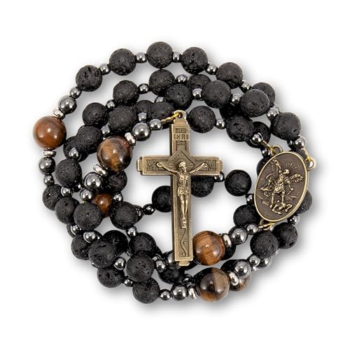 Lava Stone Black Rosary Beads for Men, Catholic Rosary Necklace with Saint Medal & Cross, Yellow Tiger Eye Beads Strong Rosary Cross Necklace in Portable Gift Box - style: Saint Michael