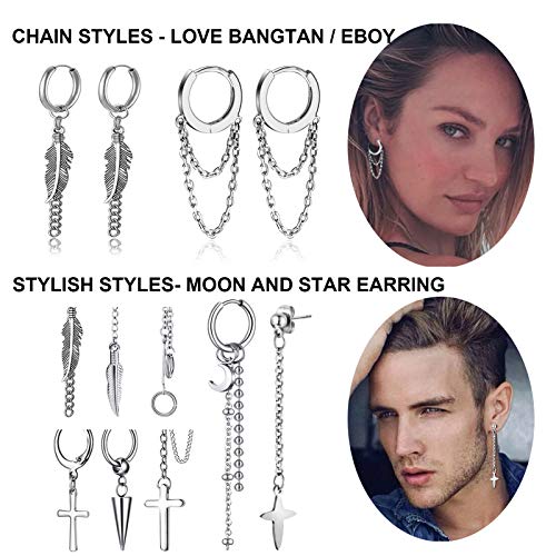 20 Pieces Men Earrings Set - Black Stainless Steel Chain Hoop Earrings Cross Moon and Star Dangle Earrings Piercing Jewelry for Men Women - color: Silver