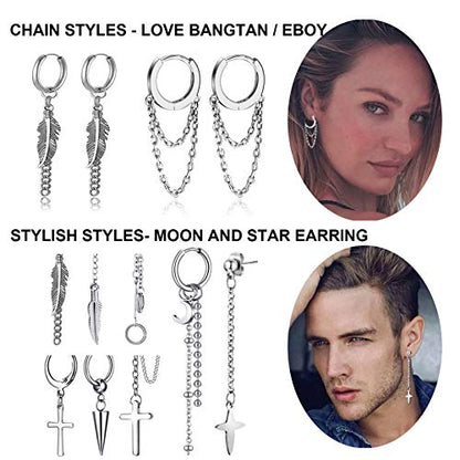 20 Pieces Men Earrings Set - Black Stainless Steel Chain Hoop Earrings Cross Moon and Star Dangle Earrings Piercing Jewelry for Men Women - color: Silver