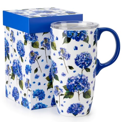 Topadorn 17oz Ceramic Travel Mug with Lid, Blue Hydrangea Floral Coffee Mug - color: Hydrangea