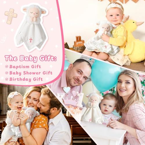 Lamb Baptism Blanket, Lamb Loveys Baptism Gifts for Baby Girls - color: White Lamb Pink Cross