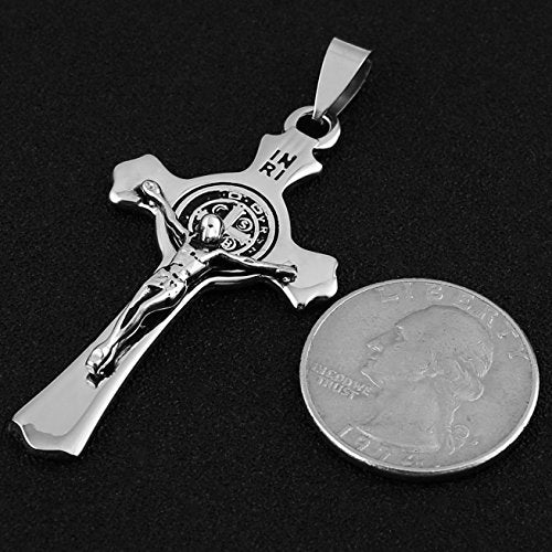 HZMAN Stainless Steel St. Benedict Crucifix Cross Necklace for Men - color: Standard Silver
