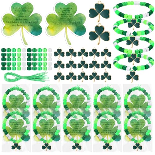 VioraWhite 20 Christian St. Patrick's Day Beads Bracelet Crafts for Jewelry Making Irish Bead Kit DIY Lucky Shamrock Charms Holy Trinity Irish Blessing Gift Card for Church Religious