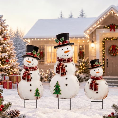 Amyhill 3 Pcs Christmas Outdoor Decor Snowman Metal Garden Stakes - style: Snowman