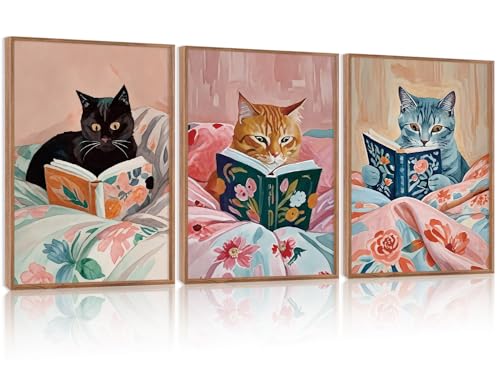HPNIUB Framed Vintage Black Cats Canvas Wall Art, Funny Animal Reading Books Poster Printing Pictures, Pink Cute Cat Lovers Wall Decor for Girls Room Bedroom Living Room(Set of 3,12X16 Inch) - color: Reading Cat Wall Art