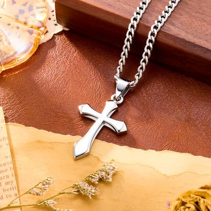 ALEXCRAFT Gold Cross Necklace for Men,14K Gold Plated Cross Pendant Necklace Cuban Chain Stainless Steel Cross Necklace Faith Cross Jewelry Gift Minimalist Trendy Pendant Necklaces - color: Silver