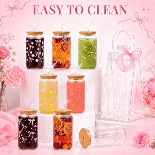 Iced Coffee Mugs, 8 Sets, Glass, 16 oz, Reusable, Pink Bow - color: Pink Bow