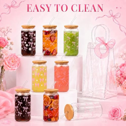 Iced Coffee Mugs, 8 Sets, Glass, 16 oz, Reusable, Pink Bow - color: Pink Bow
