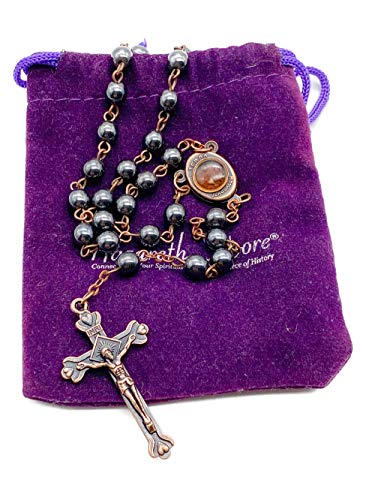 Nazareth Store Hematite Rosary Beads Black Stone Catholic Rosary Necklace with Jerusalem Holy Soil & Cross Antique Religious Rosaries Beads Collection - color: Bronze Color Chain