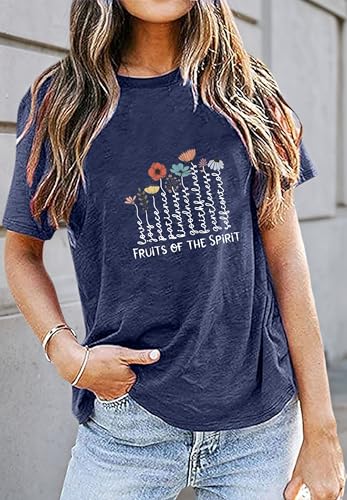 Women's Christian Shirt Fruit of The Holy Spirit Flower T-Shirt Inspirational Bible Text Top - color: Z-q6013-blue, size: Small