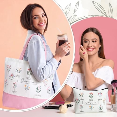 Aliceset 6 Pcs Religious Christian Gifts for Women Bible Verse Tote Bag Cosmetic Bag Glass Cup Keychain for Catholic Church(Pink) - color: Pink