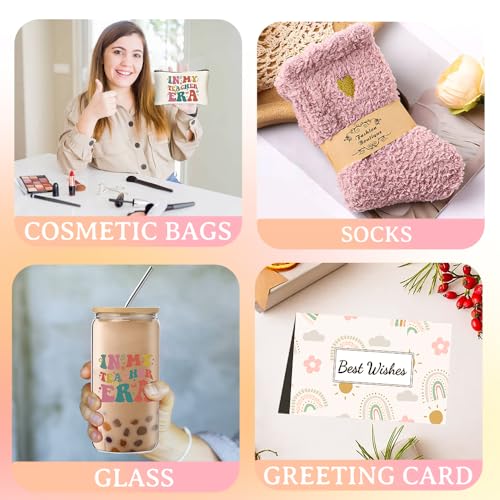 DHQH Best Teacher Appreciation Gifts for Women, Teacher Christmas Thank You Gifts Basket with 16OZ Glass Cup Makeup Bag - style: teacher newa glass