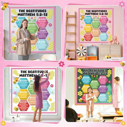 Christian Bulletin Board Decoration The Beatitudes Matthew 5:3-12 Classroom Decoration Motivational Bible Verse Paper Cutouts for Fall Sunday School Church Parish Decor（Sunshine） - style: Sunshine