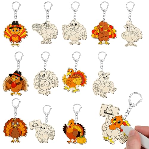 Trnayi 36 Pcs Thanksgiving Turkey Wood Keychain DIY Craft - style: Turkey