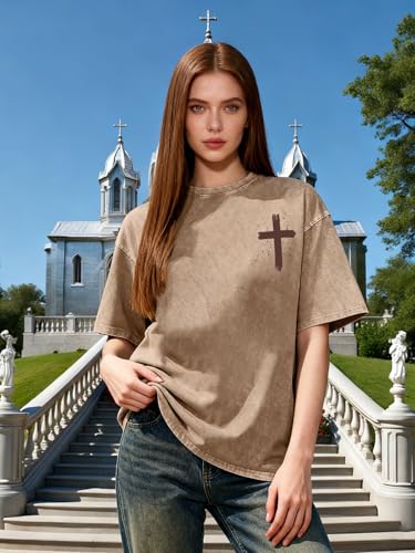 Christian Shirt for Men Jesus Loves You Shirt Oversized Acid Wash Tops - color: Apricot, size: Medium