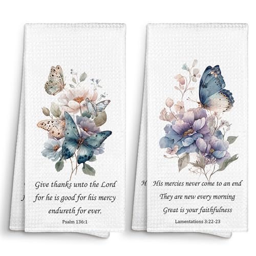 Christian Butterfly Floral Kitchen Towels Decorative 16x24 Set of 2, Religious Bible Verse Dish Towels Cloths Dishcloths Tea Towel Gifts for Women, Scripture Bathroom Kitchen Hand Towel Decor - color: Butterfly