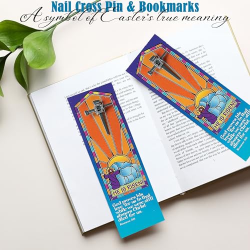 His is Risen Nail Cross Pin & Bookmarks - Set of 12 Each - Easter, Church and Sunday School Supplies