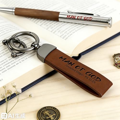 Christian Keychain and Walnut Rollerball Pen Set, Man of God Keychain, Religious Gift, Pastor Appreciation Gift - color: Pen and Keychain