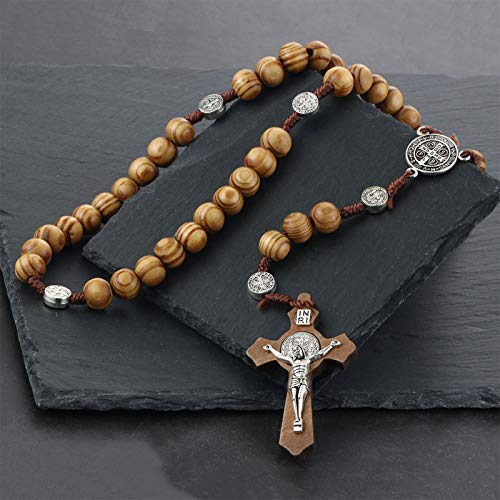 COTTVOTT Wood Rosary Beads Necklace Catholic Saint Benedict Medal Cross Pendant Necklace Prayer Rosary - style: style-1