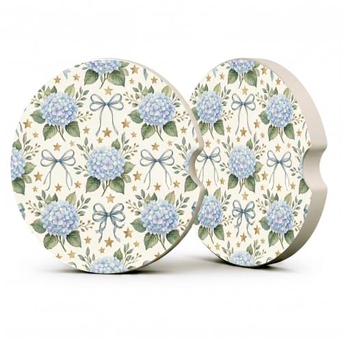 Blue Hydrangea Bow Coquette Car Coasters, Retro Floral Cup Holders, 22 - color: Blue Hydrangea Bow