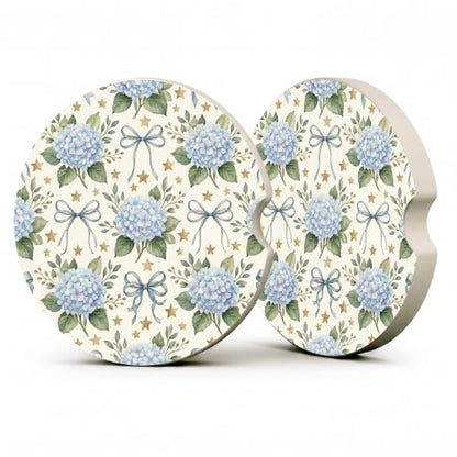 Blue Hydrangea Bow Coquette Car Coasters, Retro Floral Cup Holders, 22 - color: Blue Hydrangea Bow