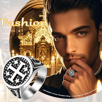 Vintage Crusader Jerusalem Cross Ring: Mens Stainless Steel Christians Statement Jewelry Gifts for Easter Christmas Birthday