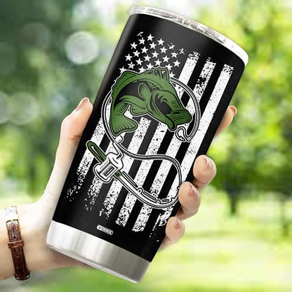 Personalized Fishing Gifts for Men American Flag Insulated Stainless Steel 20oz With Lid Travel Cup Coffee Mug Fish Tumbler Gift for Fisherman Him Dad Husband - color: FISHING