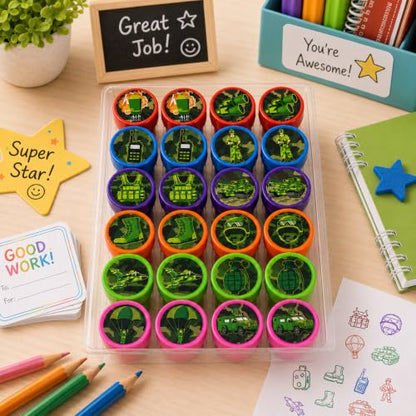 Cinrobiye 24 Pcs Military Stampers for Kids, Pre-Inked Army Soldier Stamp Set, Military Birthday Party Favors, Classroom Rewards, Goodie Bag Fillers, Treasure Box Prizes, Carnival Supplies - color: Army