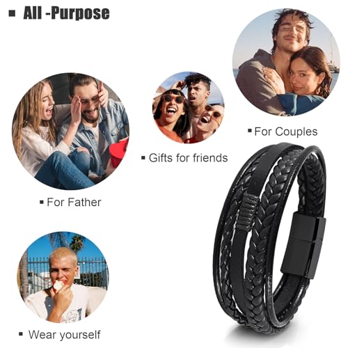 Leather Bracelet for Men Braided Stainless Steel Mens Bracelets - color: Black-BlackBuckle