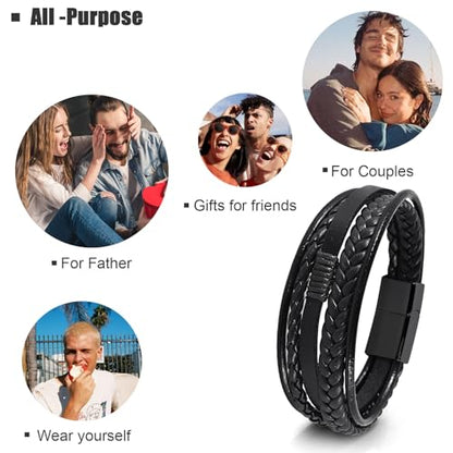 Leather Bracelet for Men Braided Stainless Steel Mens Bracelets - color: Black-BlackBuckle