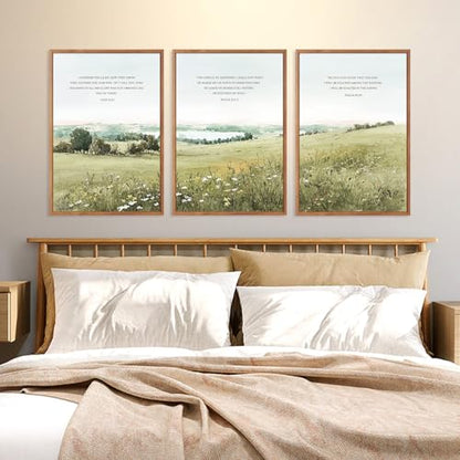 KAIRNE Scripture Christian Canvas Wall Art,Bible Verse Prints Set of 3(16”X24”),Modern Scripture Floral Wall Decor,Framed Green Countryside Field Paintings for Living Room Bedroom Ding Room Decor
