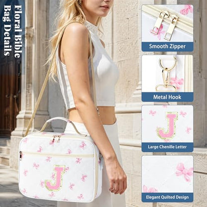 Personalized Initial Bible Cover Case for Women Bible Bag w/Study Supplies - color: Pink Bow, size: J