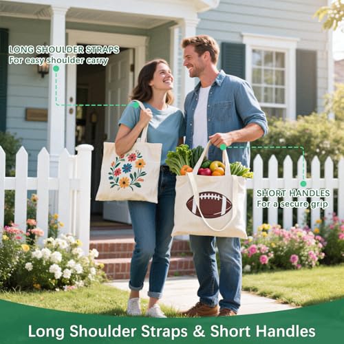 OKBA 5PCS Reusable Grocery Bags with Long Shoulder Straps and Short Handles,Inside Pocket.Large Canvas Shopping Bag