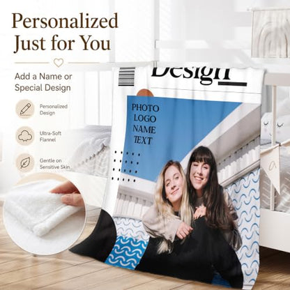 Custom Name Blanket with Photos Logo Text, Personalized Soft Flannel Throws - color: Clear