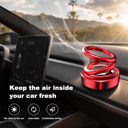 Solar Rotating Car Air Freshener, Solar-Powered Double Ring Auto Dashboard Aromatherapy Ornament, Refillable Rotating Aromatherapy Diffuser Dashboard Decor for Most Vehicles (Red)